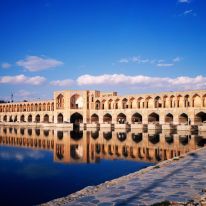 Built in 1650, Isfahan's Khaju Bridge was built at the height of the Safavid dynasty (1501–1736) in modern day Iran. The structure, which is 436 feet long and 40 feet wide, contains 23 arches. Beautiful in the daylight and at night, the Khaju Bridge is a popular public meeting spot.