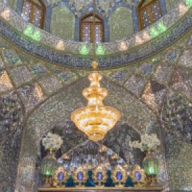 Shah Cheragh, a funerary monument and mosque, is also known as the Emerald Mosque because of its mesmerizing mirror-mosaic ceiling and the shimmering chandeliers that hang from it.